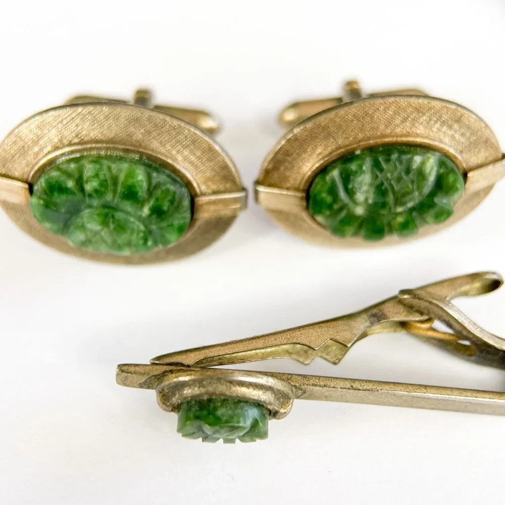 Vintage Cufflinks and Tie Clip Set Carved Stone Sterling Silver